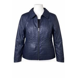 Denim and Co Petite Lamb Leather Jacket Navy Zip Front SP